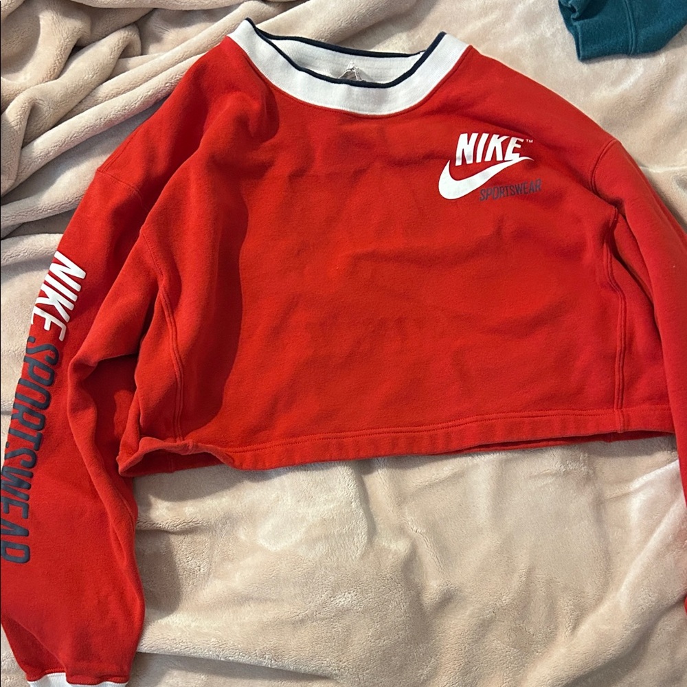 Nike Red and White Cropped Sweatshirt